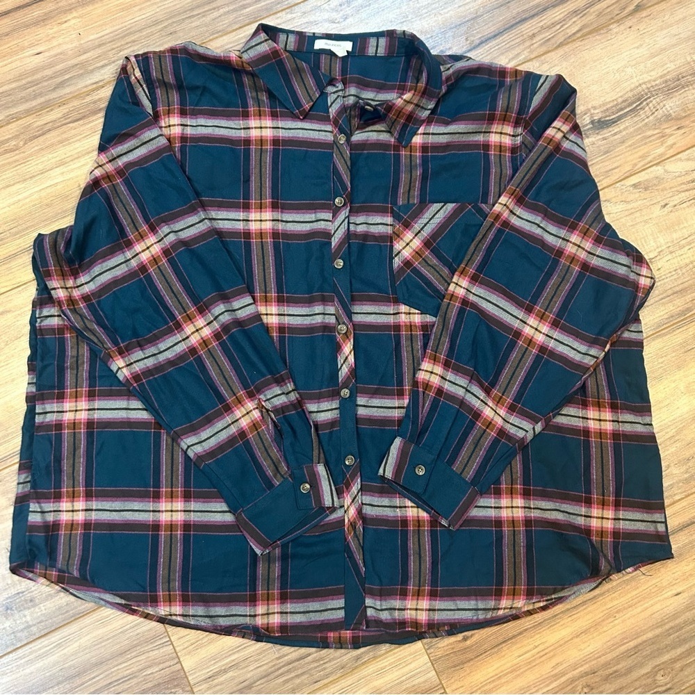 Maurices Women’s Flannel Shirt 3X Green Pink Orange Plaid Fall Button Down Soft